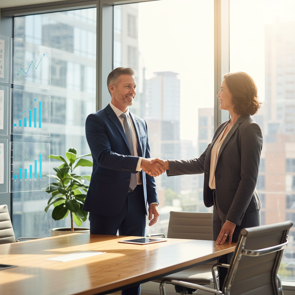 A photorealistic image of a confident business professional in a modern office, shaking hands with a partner over a desk, symbolizing the security and partnership provided by a commercial guarantee for a business venture. The scene conveys trust, growth, and professional agreement without any legal documents visible.