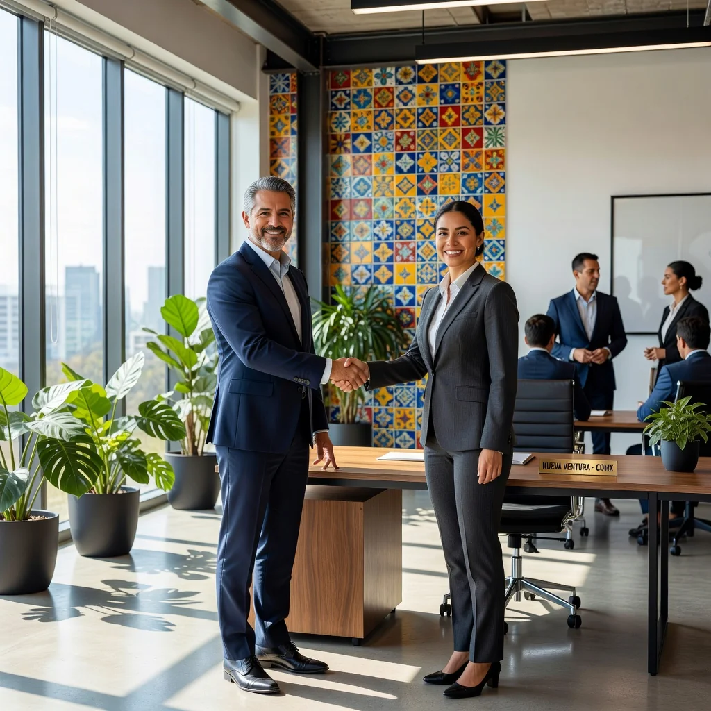 A photorealistic image of a modern commercial office space in Mexico, showing a professional business owner shaking hands with a tenant in a bright, contemporary storefront or office building, symbolizing the agreement in a commercial lease contract, with subtle Mexican architectural elements in the background, no legal documents visible, no children present.