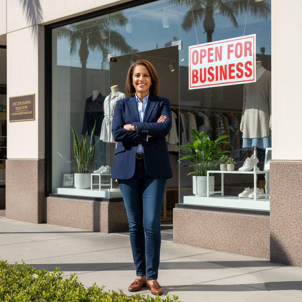 A photorealistic hero image depicting the advantages of commercial guarantees for professional leases, showing a confident business owner standing in front of a modern commercial storefront with a 'Open' sign, symbolizing security and stability in business leasing, no legal documents visible, adult subjects only.