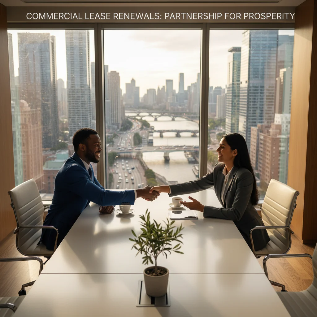 A professional business meeting in a modern office, where two businesspeople are shaking hands across a conference table with a city skyline visible through large windows, symbolizing successful lease renewal negotiations and agreement.