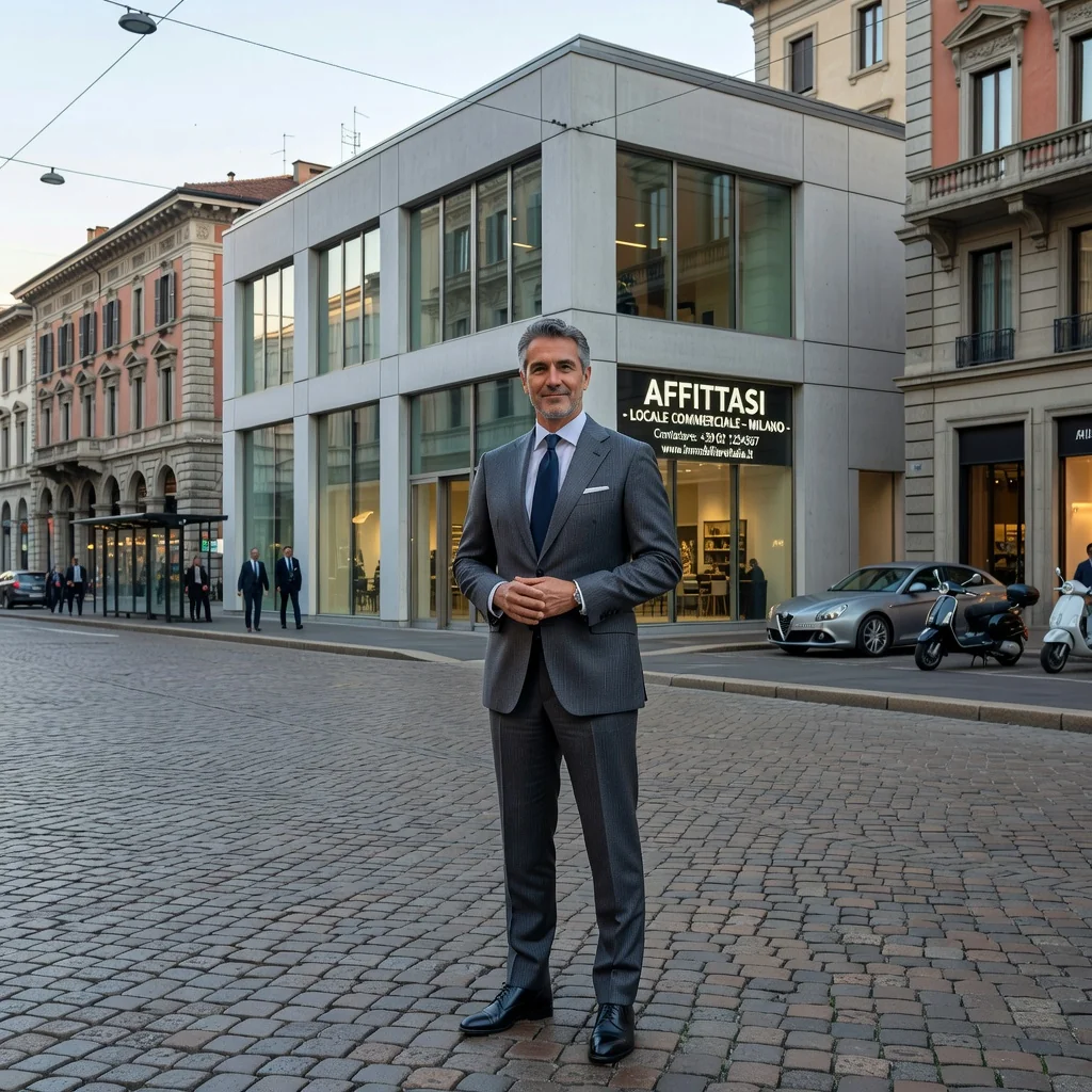 A photorealistic image of a professional businessperson standing confidently in front of a modern commercial storefront in an Italian urban setting, symbolizing the commercial leasing process, with elements like a 'For Rent' sign in Italian and bustling city life in the background, evoking opportunity and commerce in Italy.