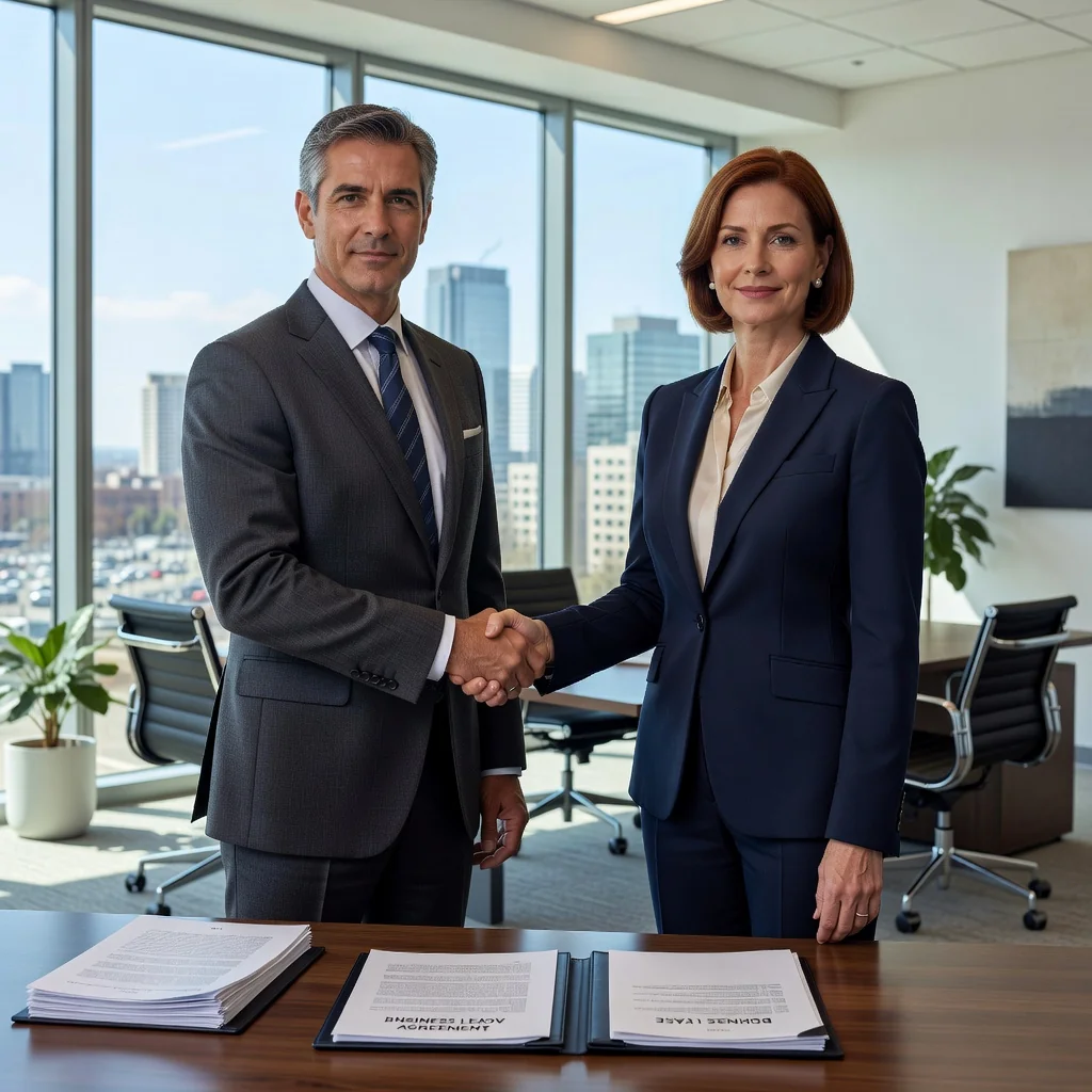 A photorealistic image of two professional adults, a landlord and a tenant, shaking hands in a modern commercial office space to symbolize a secure commercial lease agreement. The setting includes large windows with city views, office furniture, and no legal documents visible.