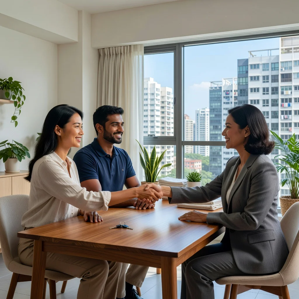 A photorealistic image depicting a young adult couple in a modern Singaporean apartment, shaking hands with a real estate agent over a table with keys and a rental agreement in the background, symbolizing the start of a new tenancy, with views of the city skyline through the window, conveying trust and agreement without focusing on the document itself.