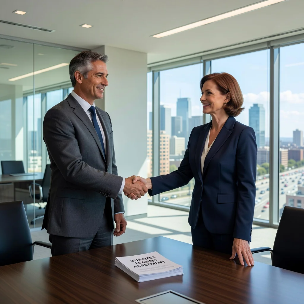 A photorealistic image of two professional adults, a landlord and a tenant, shaking hands in a modern commercial office space with large windows and city view, symbolizing the agreement of a business lease, no children present, high detail and realism.
