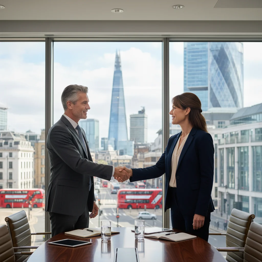 A photorealistic image of two professional adults, a man and a woman in business attire, shaking hands across a conference table in a modern UK office setting, symbolizing a successful commercial lease agreement. The background includes subtle elements like a city skyline view from a window, representing commercial property in the UK. No children, no legal documents visible, no graphics or drawings.