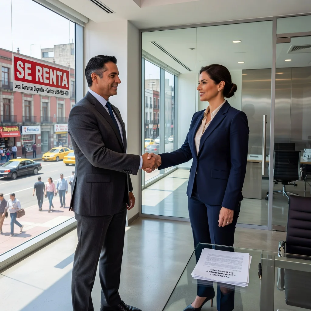 A photorealistic image of a modern commercial office space in Mexico, showing a professional businessperson shaking hands with a landlord in front of a leased storefront, symbolizing a commercial lease agreement, with Mexican urban elements in the background like a city street or building facade, conveying business partnership and property rental.