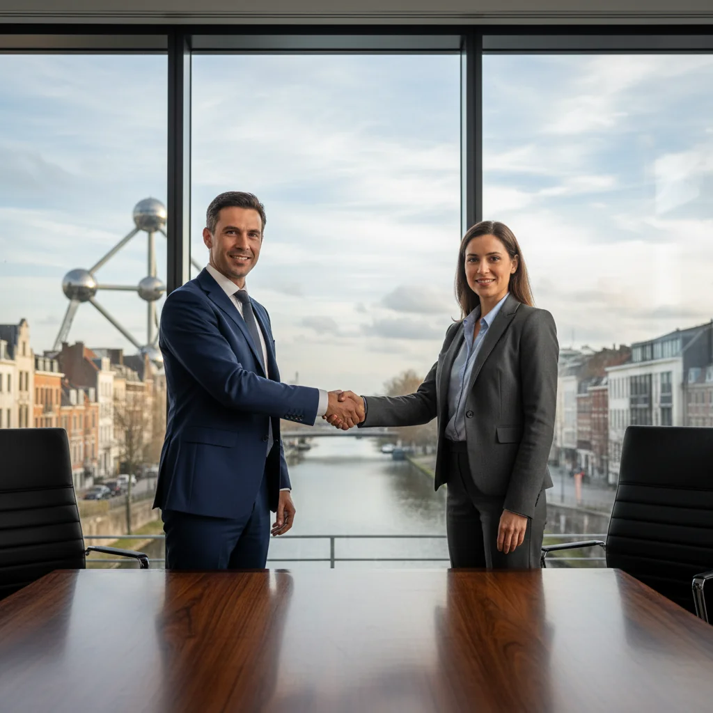 A photorealistic hero image representing commercial surety in Belgium, depicting a professional business meeting between two adults in a modern Belgian office setting, symbolizing trust and financial protection in commercial transactions, with subtle Belgian elements like a flag or architecture in the background.