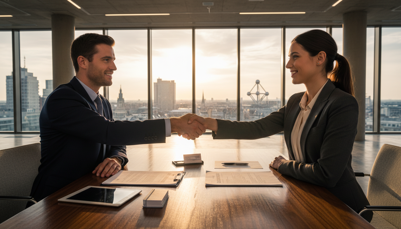 Business handshake in Belgian office