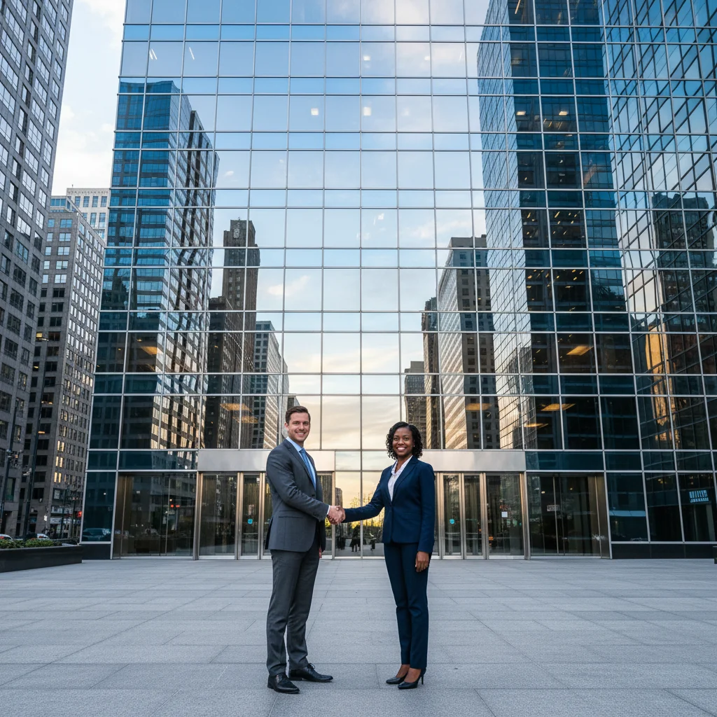 A modern commercial office building in a bustling US city, with a professional business handshake in the foreground symbolizing a successful lease agreement, evoking reliability and commercial opportunity.