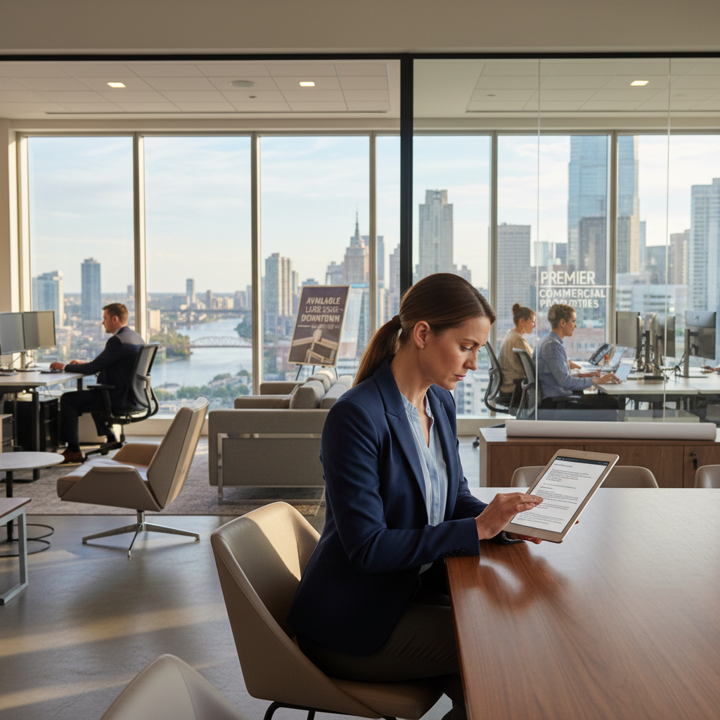 A photorealistic image of a modern commercial office space with an adult professional reviewing a lease agreement on a tablet, surrounded by elements like open-plan workspaces, large windows with city views, and subtle business signage, emphasizing the importance of commercial real estate leasing without focusing on the document itself.