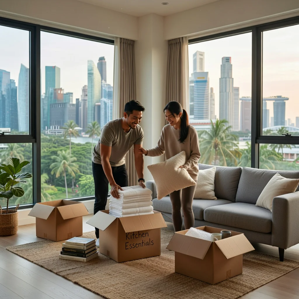 A photorealistic image of a modern Singapore apartment interior, showing a young adult couple happily unpacking boxes and arranging furniture in their new rental home, with views of the city skyline through large windows, symbolizing the excitement of starting a new tenancy in Singapore.
