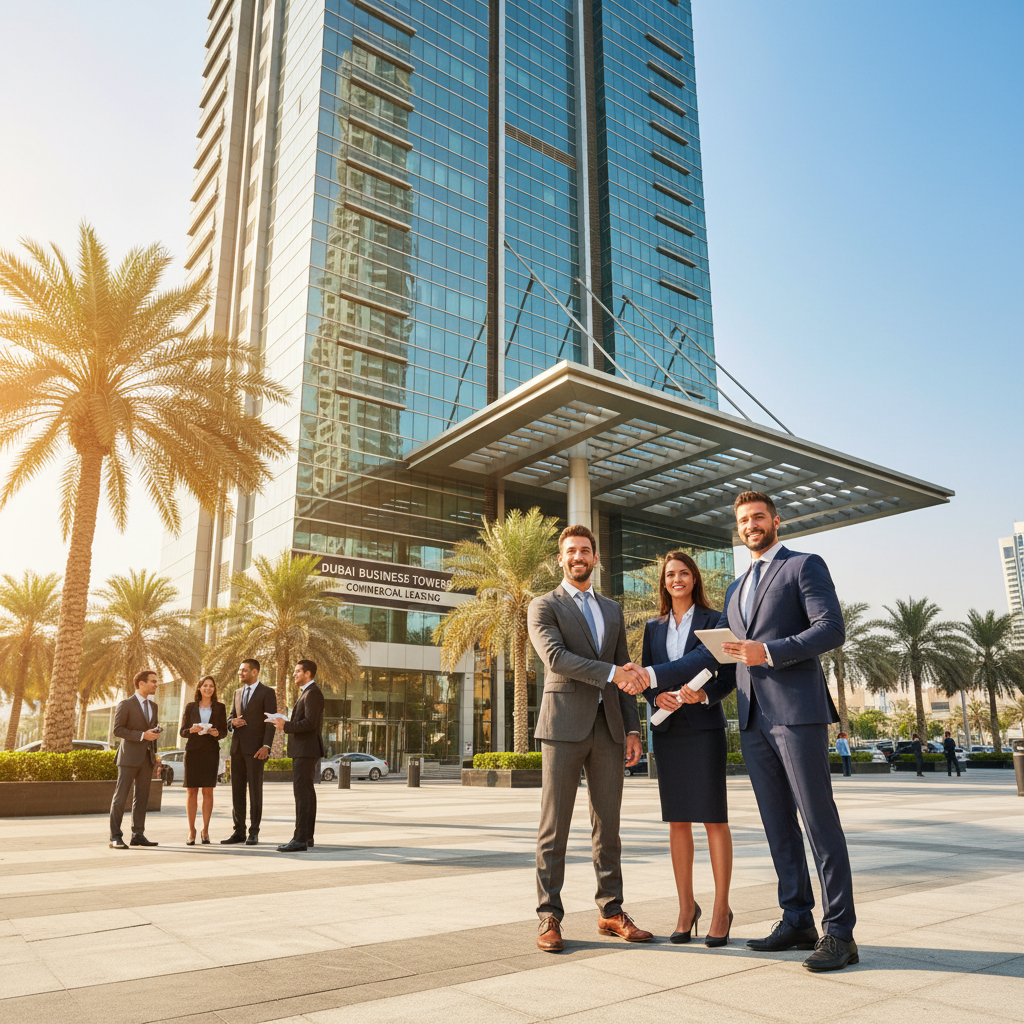 A photorealistic image depicting a bustling commercial property in the UAE, such as a modern retail space or office building in Dubai, with business professionals shaking hands in the foreground to symbolize a successful lease agreement, under a clear blue sky with iconic UAE architecture in the background. No children are present in the image.