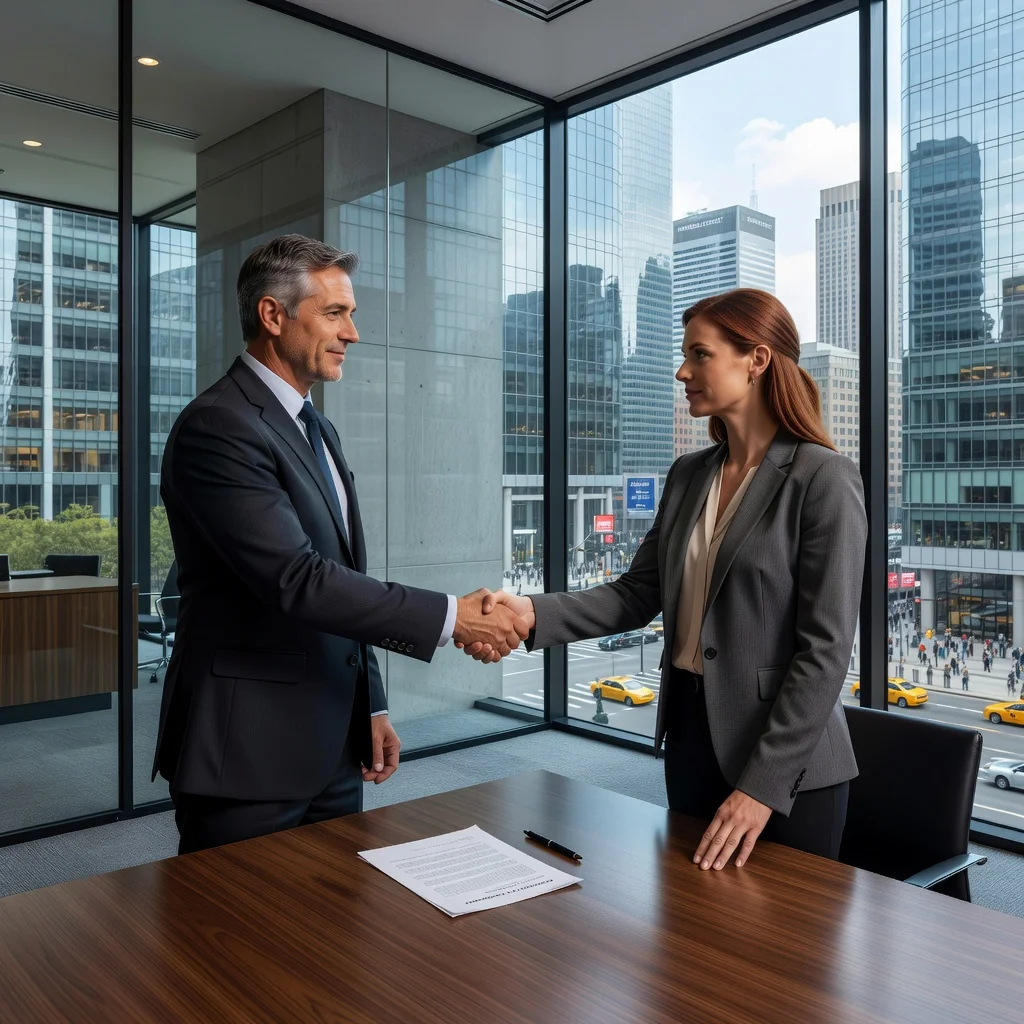 A photorealistic image depicting a professional business meeting between two adults in a modern office space, shaking hands over a conference table to symbolize the agreement in a commercial lease contract, with subtle background elements like a city skyline view through windows representing urban commercial property, no children present, highly detailed and realistic photography style.