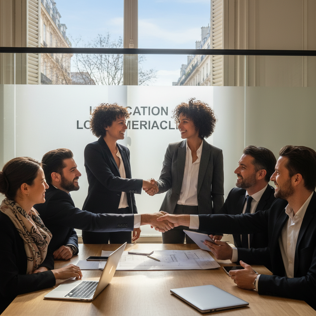 A photorealistic image of a professional business meeting in a modern French office, where a landlord and a tenant are shaking hands over a commercial lease agreement, symbolizing trust and security in commercial rentals in France. The scene captures the essence of commercial caution without showing any legal documents, focusing on the positive business relationship.