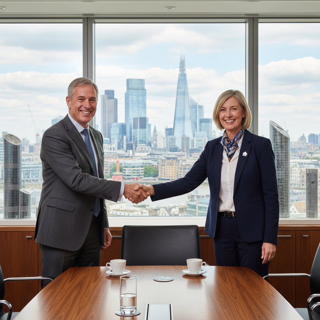 A photorealistic image of two professional adults, a business owner and a real estate agent, engaged in a serious negotiation meeting over a commercial property lease in a modern UK office setting, with elements like a city skyline view and business attire, conveying confidence and agreement without showing any legal documents.