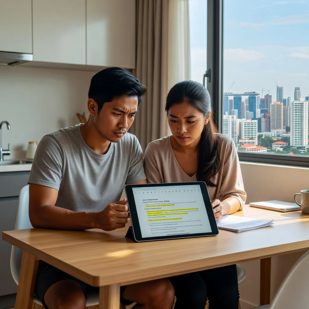 A photorealistic image of a young adult couple in a modern Singapore apartment, looking concerned while discussing a tenancy agreement on a tablet, with city skyline visible through the window, emphasizing common pitfalls in renting.