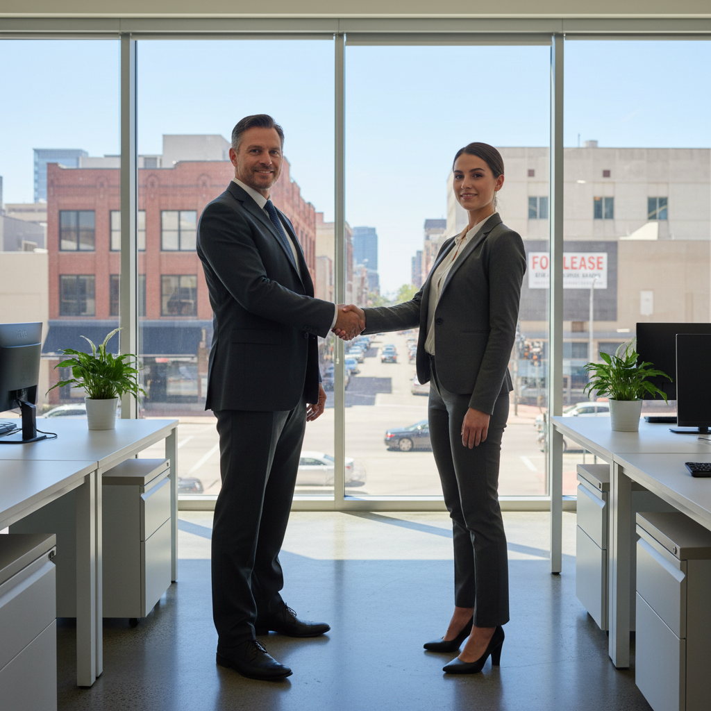 A photorealistic image of a professional adult business owner and a tenant shaking hands in a modern commercial office space, symbolizing the agreement in a non-residential lease contract, with elements like a leased storefront or office interior in the background to represent commercial leasing rights and obligations.