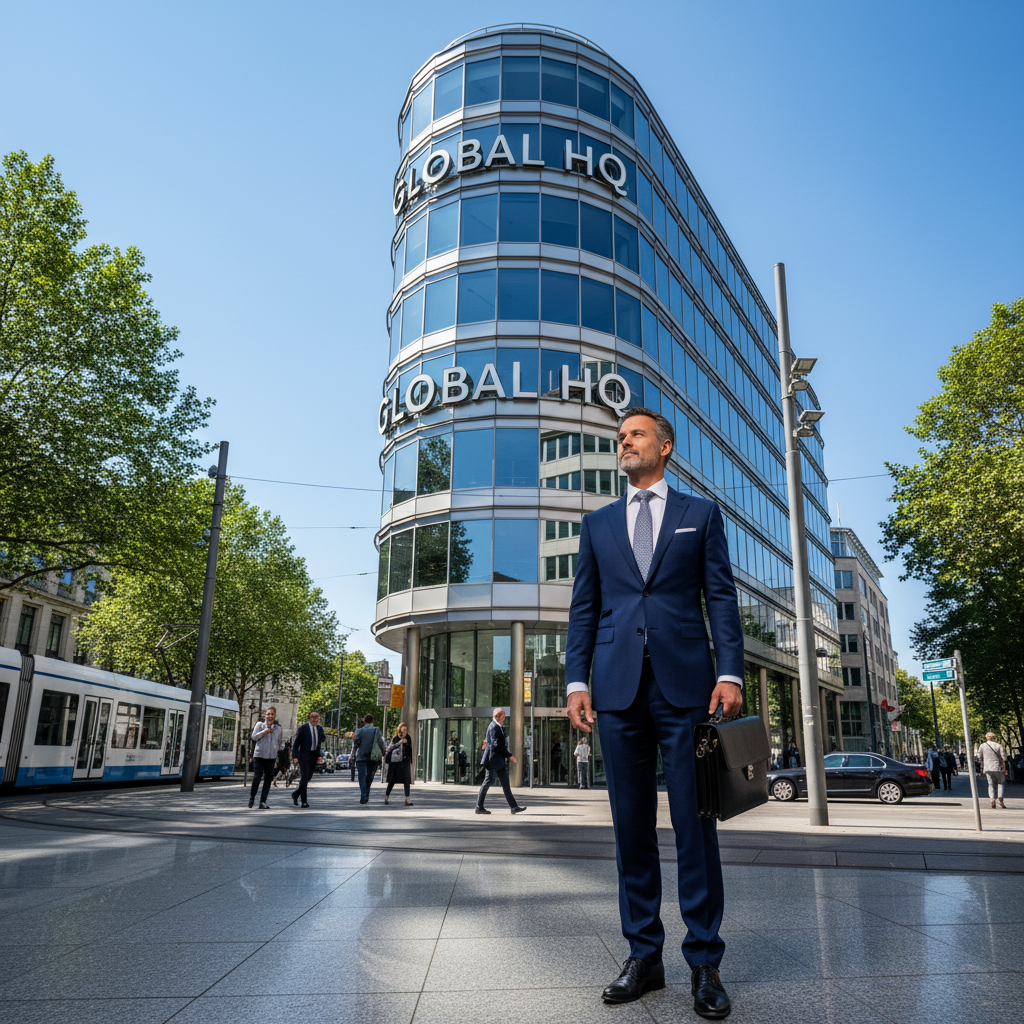A photorealistic image of a modern commercial building in a German urban setting, with a professional businessperson standing outside, symbolizing commercial real estate leasing and legal agreements for business properties.