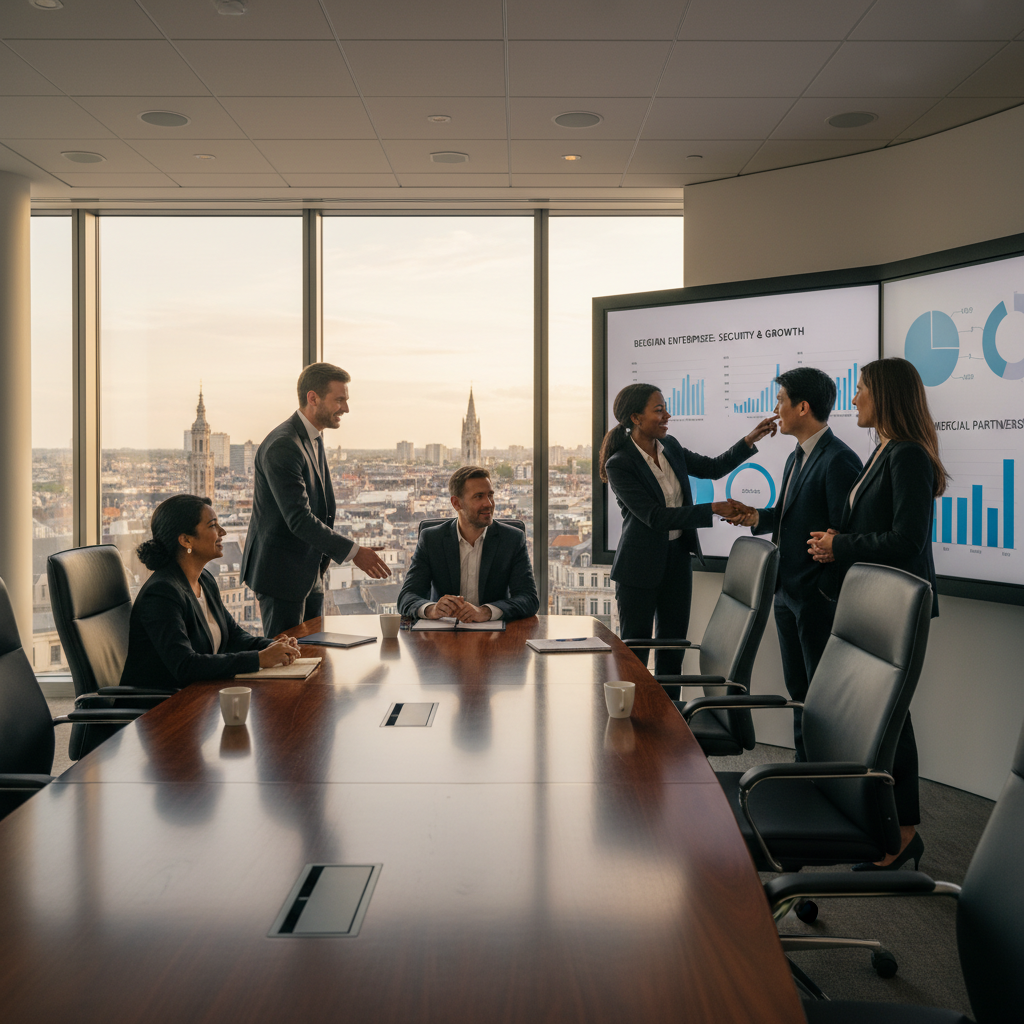 A photorealistic image of a professional business meeting in a modern Belgian office, where a group of adult entrepreneurs are discussing commercial agreements with confident expressions, symbolizing the benefits and responsibilities of commercial guarantees for Belgian companies. The scene includes elements like a Belgian flag subtly in the background, coffee cups on the table, and laptops open to business charts, conveying trust and partnership without any legal documents visible.
