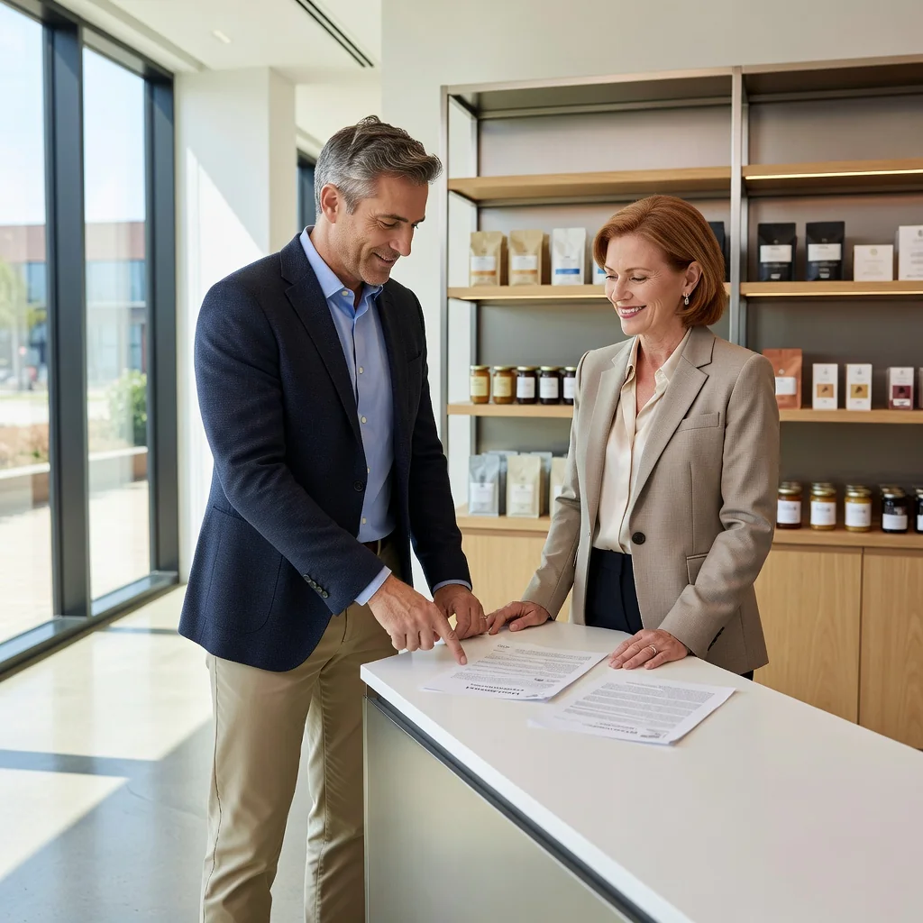 A photorealistic image depicting a professional business owner or tenant in a modern commercial space, such as a retail shop or office, reviewing a lease agreement with a real estate agent. The scene should convey themes of rights and obligations in a commercial lease, with elements like a handshake, open store front, or business signage in the background. No children should be present in the image. The style must be entirely photorealistic, with no graphics, illustrations, or drawings.