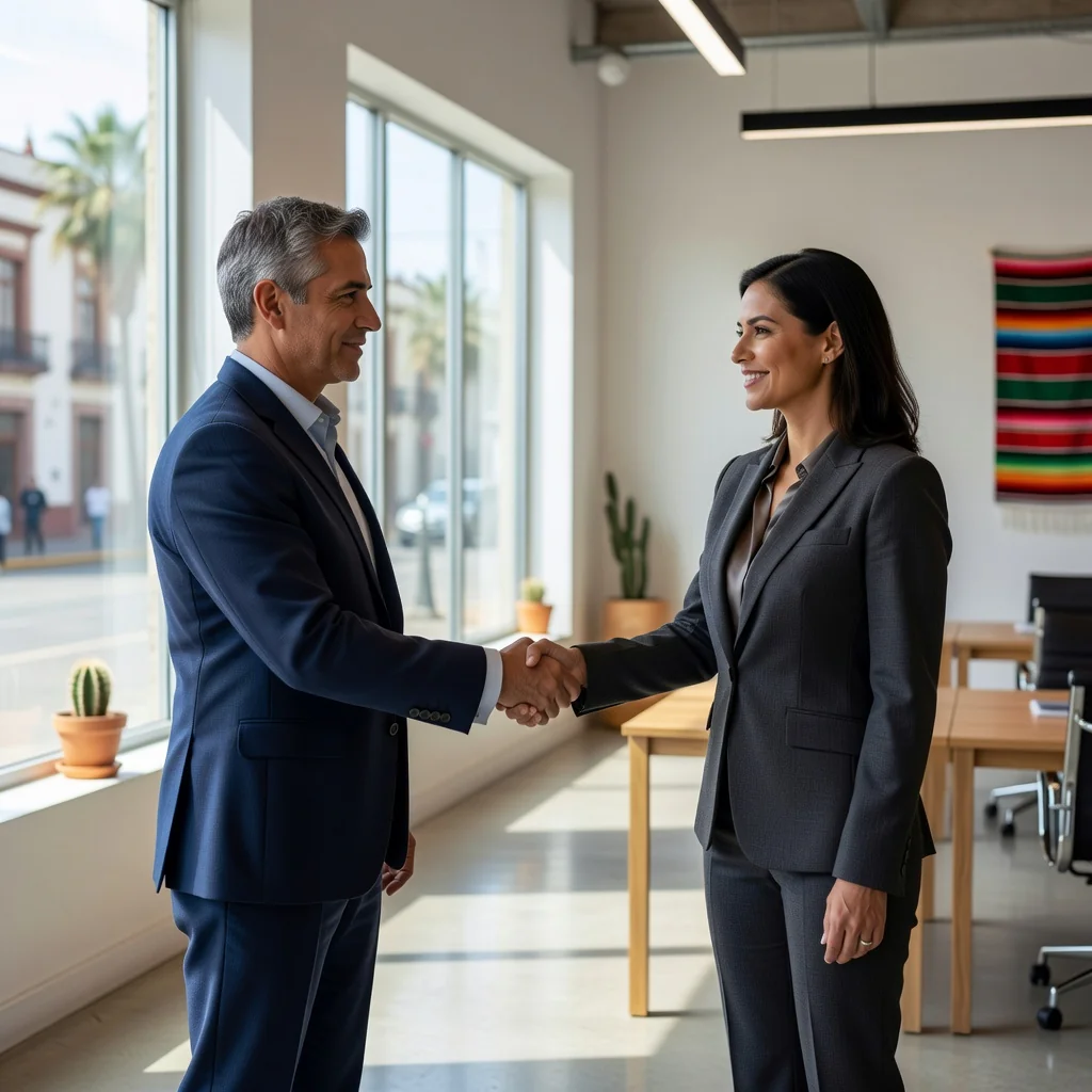 A photorealistic image depicting a professional business handshake between two adults in a modern commercial office space, symbolizing the agreement in a commercial lease under Mexican law. The setting includes elements like a leased storefront or office interior in the background, with natural light and contemporary Mexican architectural influences, to represent rights and obligations in commercial renting.