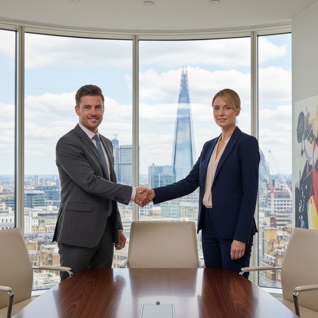 A photorealistic image of a professional business meeting in a modern UK office space, where two adults in business attire are shaking hands across a conference table, overlooking a city skyline through large windows, symbolizing the agreement and partnership in commercial leasing.