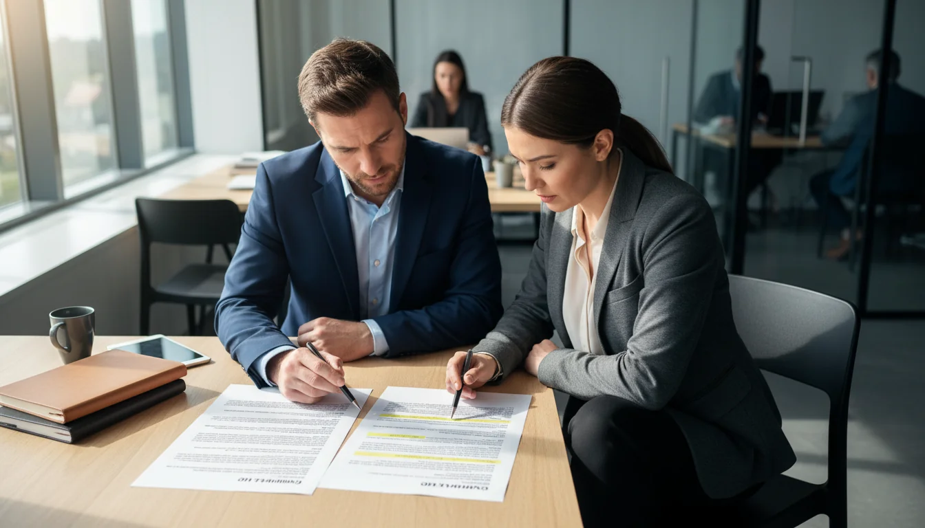 Business professionals reviewing lease contract