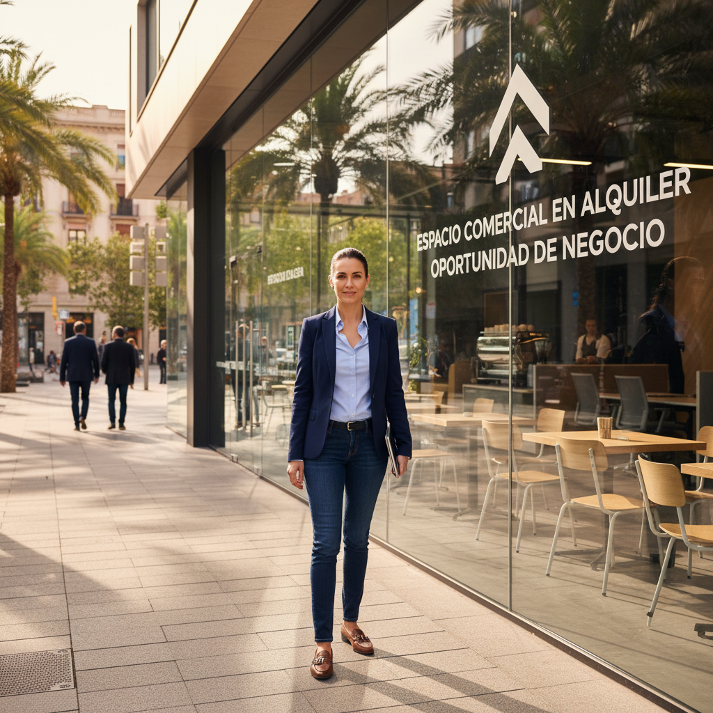 A photorealistic image depicting a professional adult renting a commercial space in Spain for non-residential use, such as a small business owner standing outside a modern storefront in a vibrant Spanish urban setting, symbolizing the purpose of a lease contract for commercial purposes. No children are present in the image.
