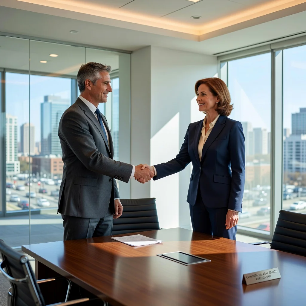 A photorealistic image of a professional business meeting in a modern office, where two adults in business attire are shaking hands across a conference table, symbolizing agreement and security in a commercial lease arrangement, with a city skyline visible through large windows in the background.