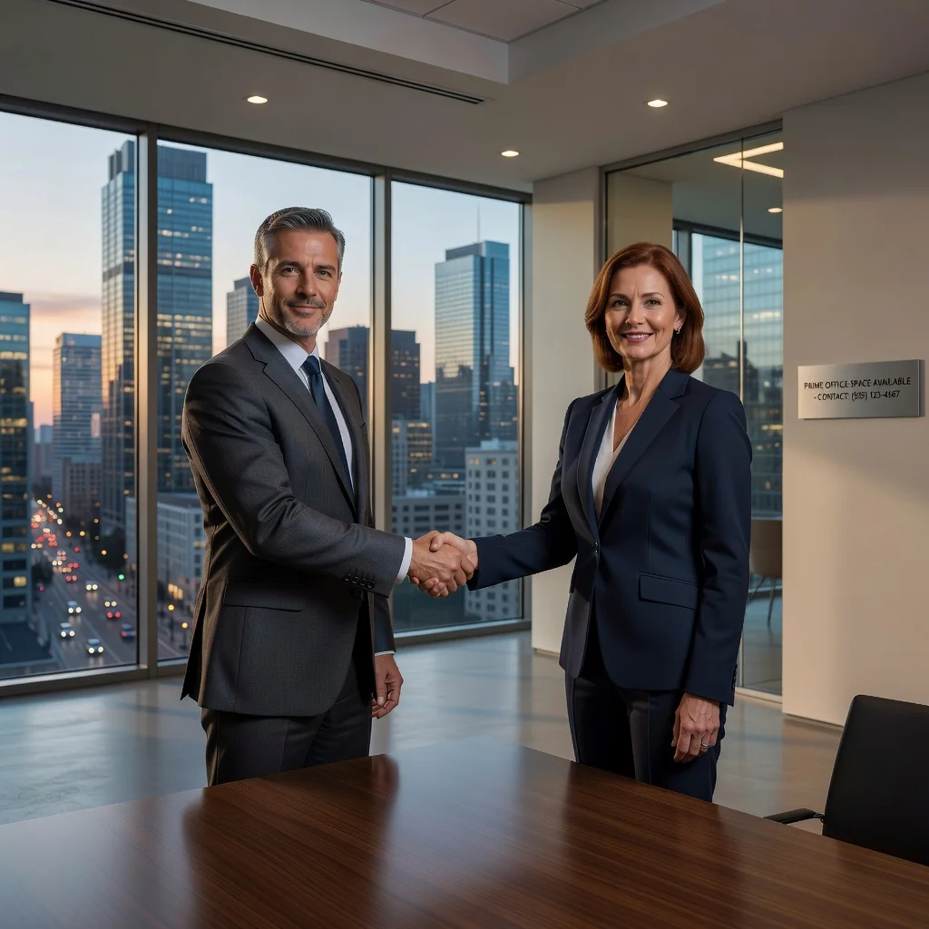 A photorealistic image of two professional adults, a landlord and a tenant, shaking hands in a modern commercial office space with large windows overlooking a city skyline, symbolizing a successful business lease agreement. The atmosphere is professional and positive, with elements like office furniture and signage indicating commercial property, but no legal documents visible.