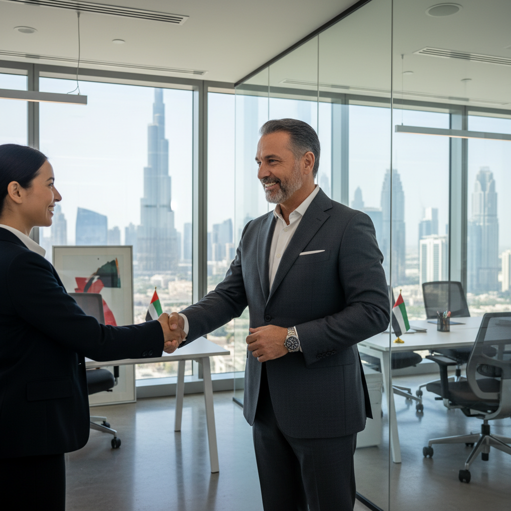 A photorealistic image of a professional businessperson in a modern office space in the United Arab Emirates, shaking hands with a landlord or real estate agent, symbolizing the signing of a commercial lease agreement. The background features elements of UAE business culture like a city skyline view from a window, emphasizing commercial real estate without showing any legal documents. No children are present in the image.