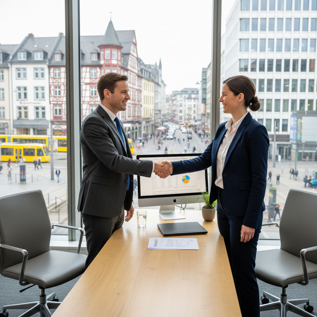 A photorealistic image of a modern German commercial office space with professionals shaking hands over a desk, symbolizing the signing of a lease agreement for business premises, in a bright urban setting with large windows showing a cityscape.