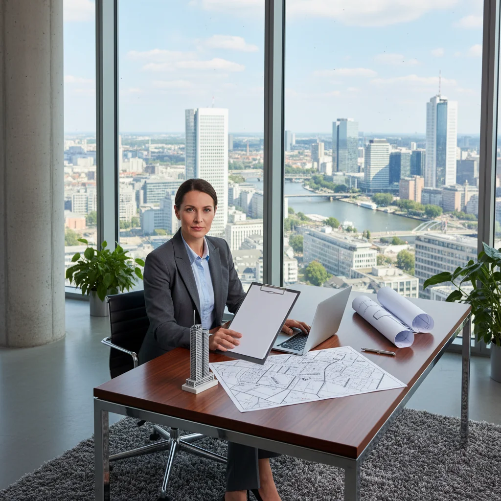 A photorealistic image of a modern German commercial office space with a business professional reviewing a lease agreement at a desk, surrounded by urban business environment elements like city skyline view, emphasizing commercial property leasing without focusing on the document itself.