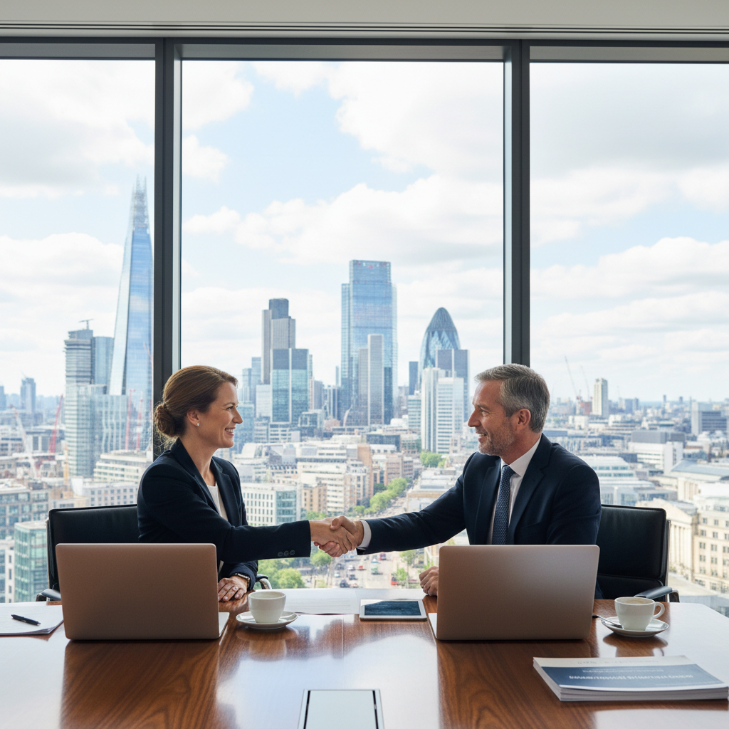 A photorealistic image depicting a professional business meeting in a modern commercial office space in the United Kingdom, symbolizing the negotiation and signing of a commercial lease agreement. The scene shows two adult professionals, one a landlord and one a tenant, shaking hands across a conference table with city skyline views through large windows, emphasizing commercial real estate dealings without focusing on any legal documents.