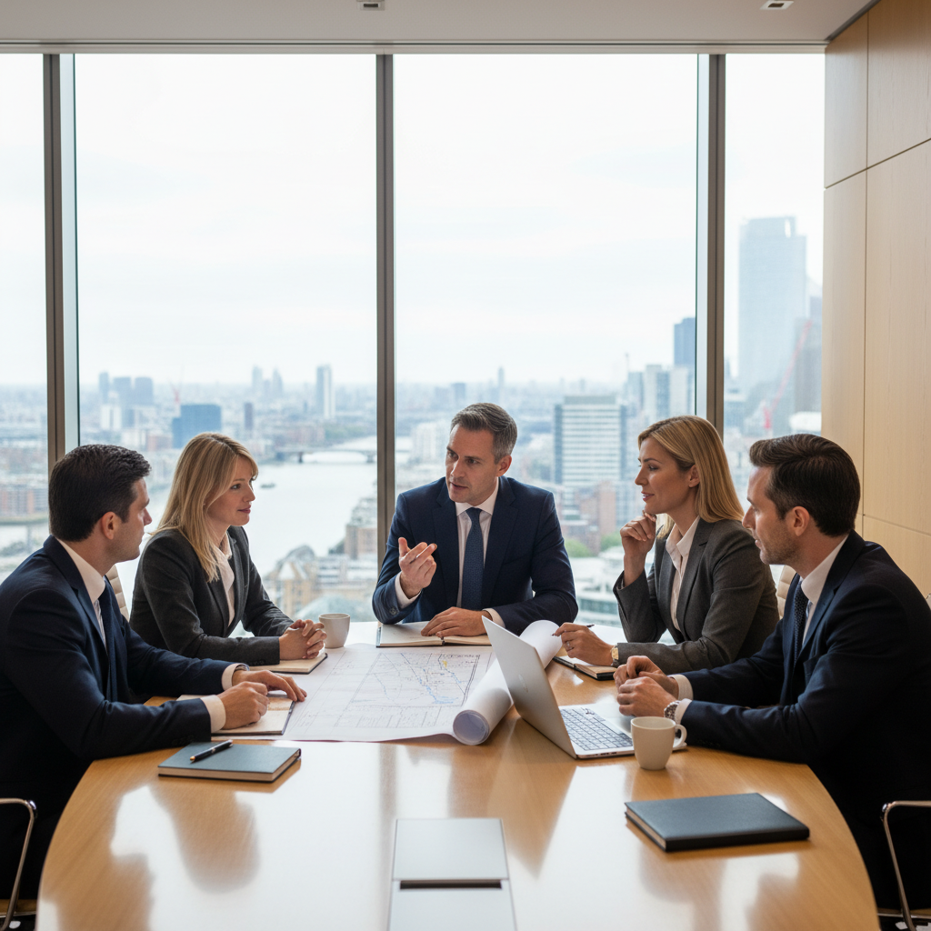 A photorealistic image of a professional business meeting in a modern commercial office space in the United Kingdom, featuring adults in business attire discussing a lease agreement over a table with architectural plans and a city skyline view, symbolizing commercial property leasing without showing any legal documents directly.