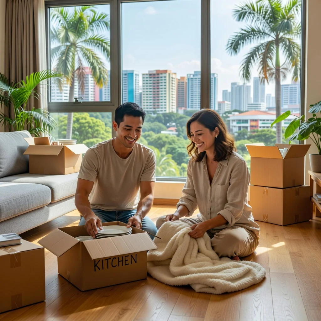 A photorealistic image of a professional adult couple in their 30s happily moving into a modern Singaporean apartment, unpacking boxes in a bright living room with HDB building views, symbolizing the start of a new tenancy without any focus on legal documents.