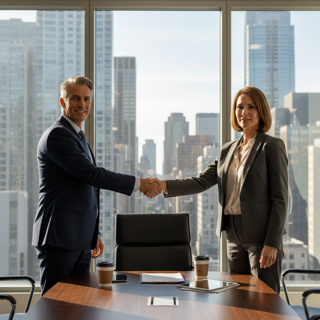 A photorealistic image of two professional adults shaking hands in a modern commercial office space, symbolizing a business agreement for leasing property, with city skyline visible through large windows in the background.