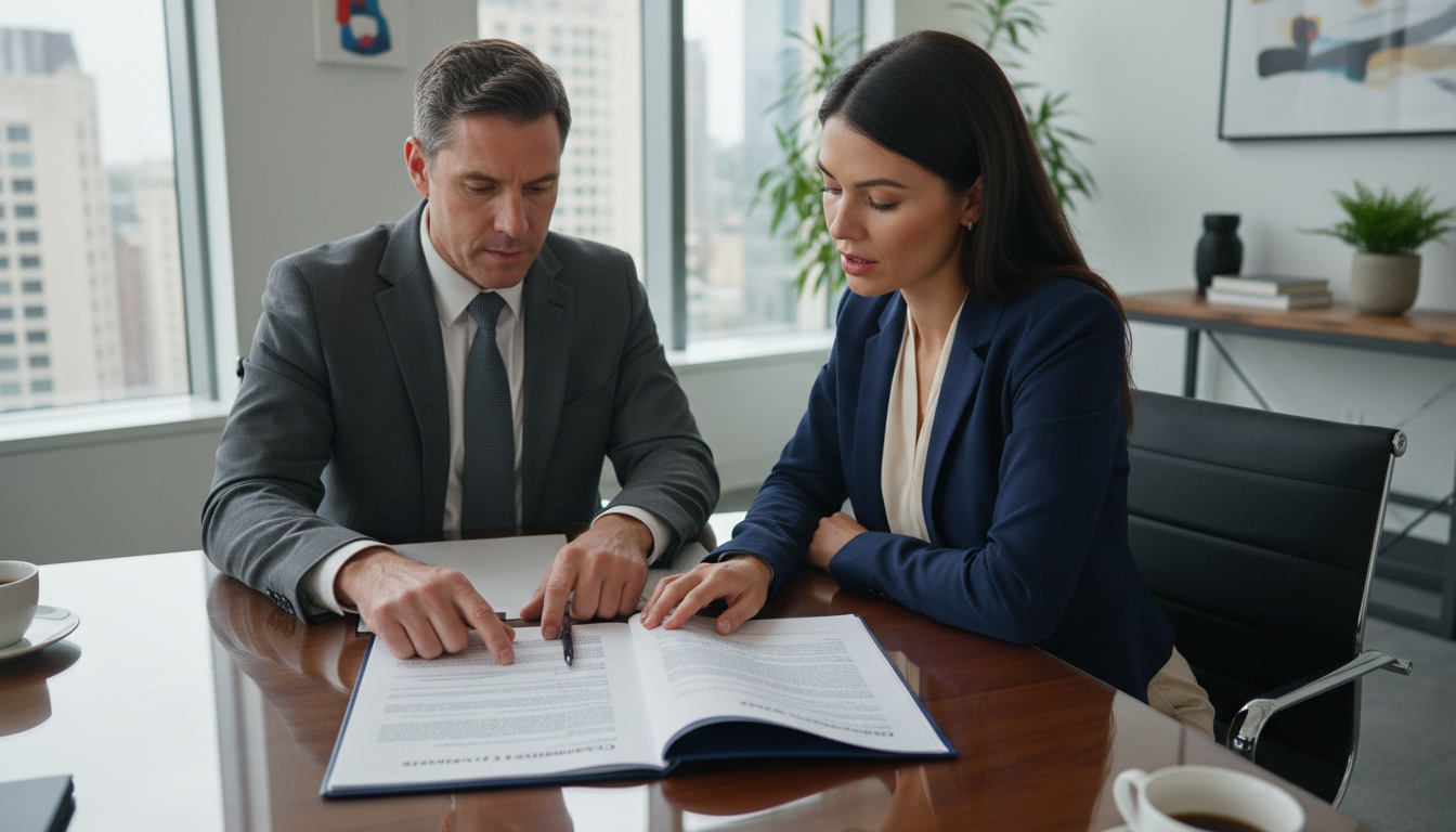 Business professionals reviewing lease contract