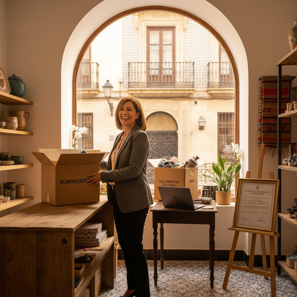 A photorealistic image of a professional adult tenant happily moving into a modern commercial space in Spain, such as a small office or retail shop, with boxes and furniture being arranged, evoking the excitement of starting a new business venture under a lease agreement, no children present.
