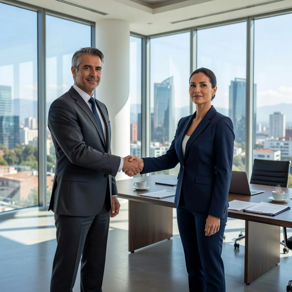 A professional business meeting in a modern Mexican office space, with adults shaking hands over a lease agreement discussion, symbolizing commercial property rental.
