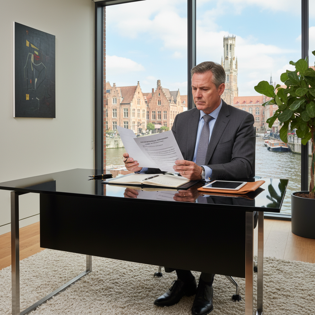 A photorealistic image of a professional business person in a modern office setting in Belgium, reviewing commercial legal documents on a desk with subtle Belgian landmarks visible through a window, symbolizing the purpose of bail commercial legal documents without focusing on the documents themselves.