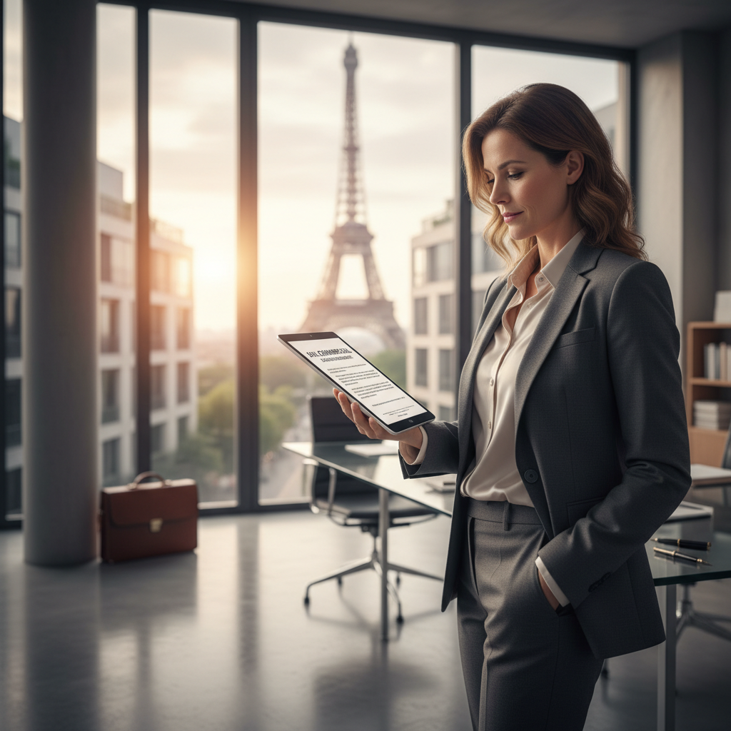 A photorealistic hero image depicting a professional businessperson in a modern French office, symbolizing commercial bail agreements, with views of Paris landmarks in the background, conveying reliability and legal assurance in property leasing.