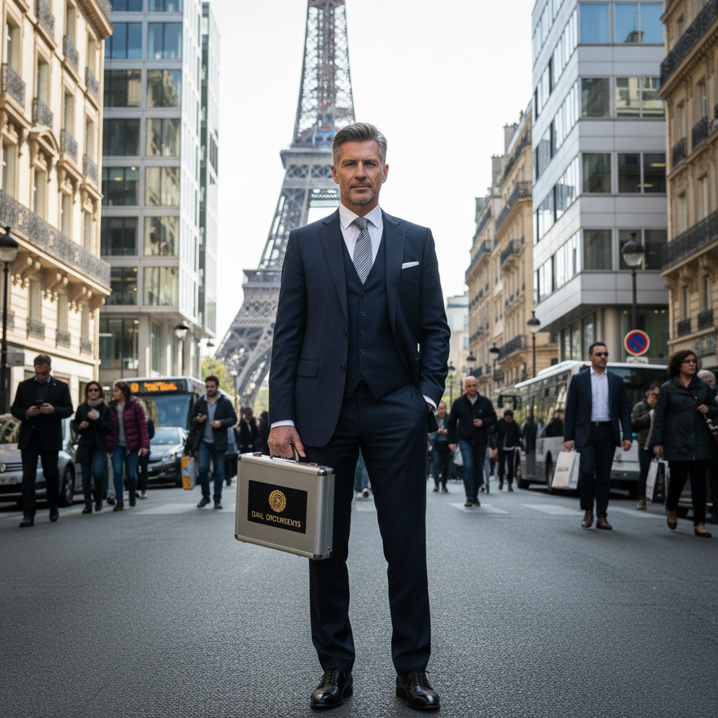 A photorealistic image of a professional businessperson standing confidently in front of the modern skyline of Paris, France, holding a briefcase, symbolizing commercial bail agreements and legal business dealings in France. The scene evokes trust, professionalism, and the French business environment.