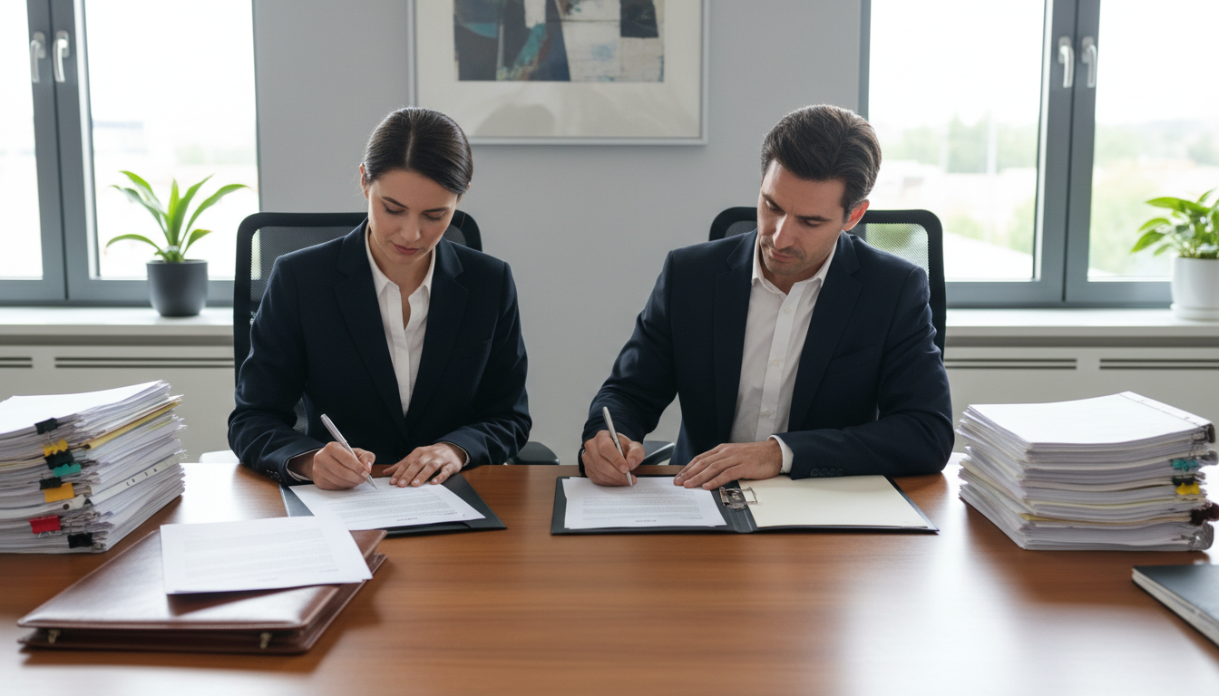 Business professionals signing documents