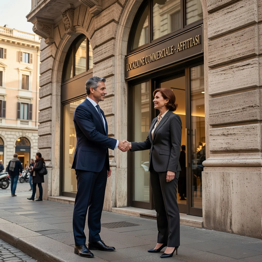 A photorealistic image of two professional adults, a landlord and a tenant, shaking hands in front of a modern commercial storefront in an Italian city setting, symbolizing the agreement for a commercial lease contract. The scene captures the essence of business partnership and property rental in Italy, with subtle Italian architectural elements in the background. No children are present in the image.