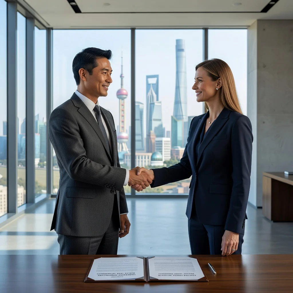 A photorealistic image depicting a professional business handshake between two adults in a modern Chinese office setting, symbolizing the agreement in a commercial lease contract, with city skyline visible through large windows, conveying trust and partnership in real estate business dealings.