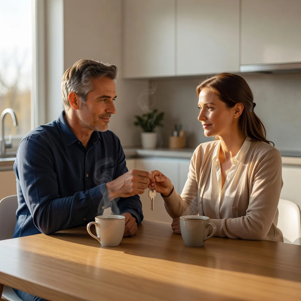 A photorealistic image symbolizing a peaceful separation or divorce agreement between adults, showing a mature couple in their 40s sitting calmly at a kitchen table, discussing amicably with cups of coffee, one person handing over a set of house keys to the other, conveying mutual respect and closure, no children present, natural indoor lighting.
