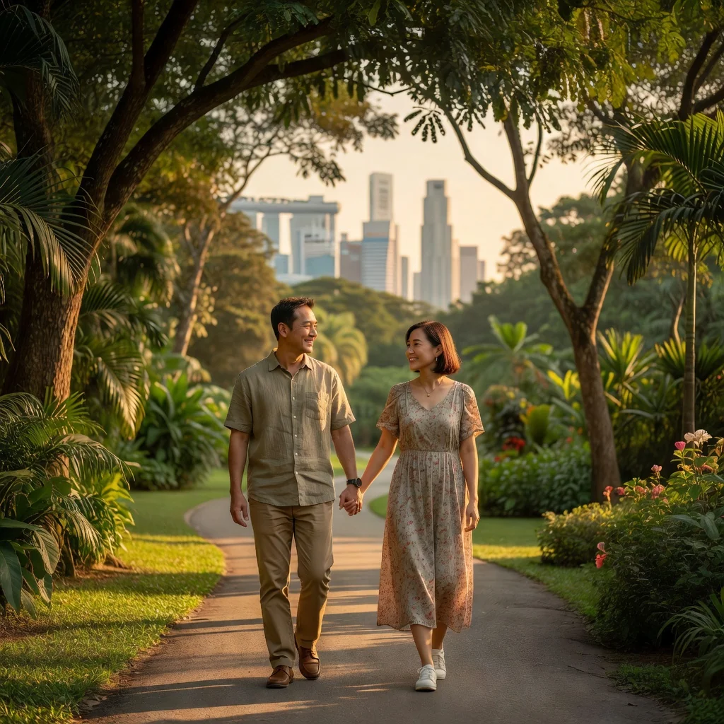 A photorealistic image depicting a serene moment of a middle-aged couple walking together in a peaceful Singapore park, holding hands and looking at each other with calm expressions, symbolizing amicable separation and mutual respect, with subtle Singapore skyline in the background, no children present.