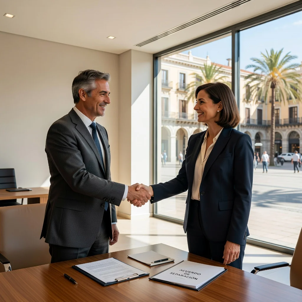 A photorealistic image representing harmony and agreement in a family separation context in Spain, showing two adults shaking hands warmly across a table in a modern Spanish office with subtle national elements like a window view of a plaza, conveying resolution and cooperation without any documents visible.