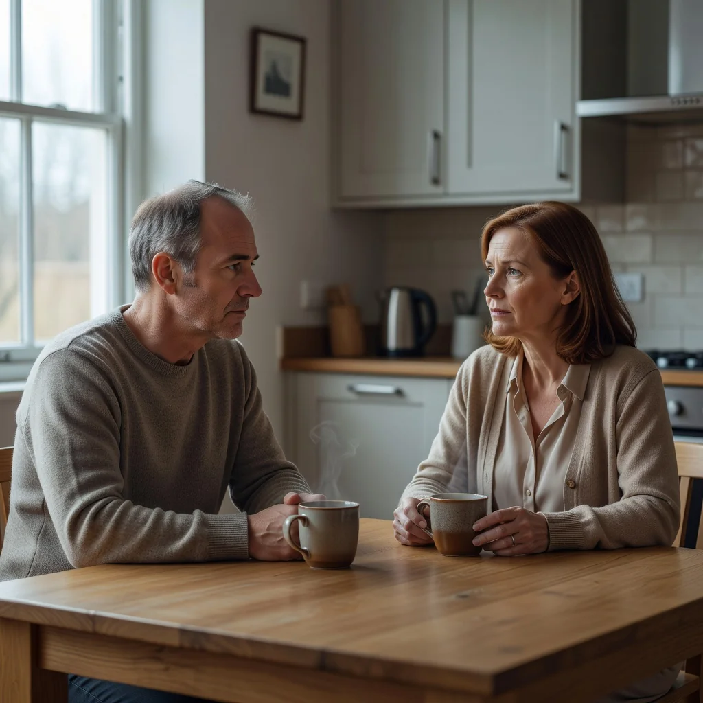 A photorealistic image depicting a mature couple in a contemplative moment during separation, sitting across from each other at a kitchen table in a modern UK home, with subtle emotional tension but no anger, symbolizing the need for careful separation agreements. No children are present in the scene.